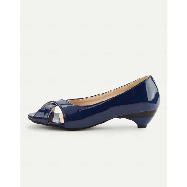 Women's Navy Blue Patent Leather Peep Toe Kitten Heels – 1950s Vintage Style Dress Shoes for Office, Church, and Spring Events