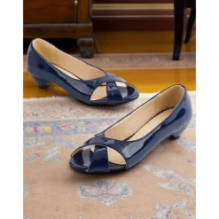 Women's Navy Blue Patent Leather Peep Toe Kitten Heels – 1950s Vintage Style Dress Shoes for Office, Church, and Spring Events