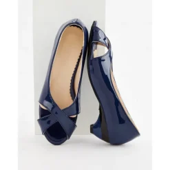 Women's Navy Blue Patent Leather Peep Toe Kitten Heels – 1950s Vintage Style Dress Shoes for Office, Church, and Spring Events