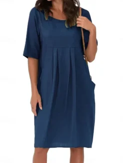 Women's Navy Blue Sky Blue Green Summer Spring Mini Dress Linen-Inspired Dresses Casual Dress Basic Modern Daily Weekend Loose Fit Plain Crew Neck