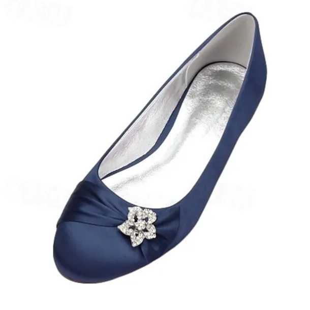 Women's Navy Satin Ballet Flats with Rhinestone Floral Embellishment - Elegant Wedding or Evening Shoes
