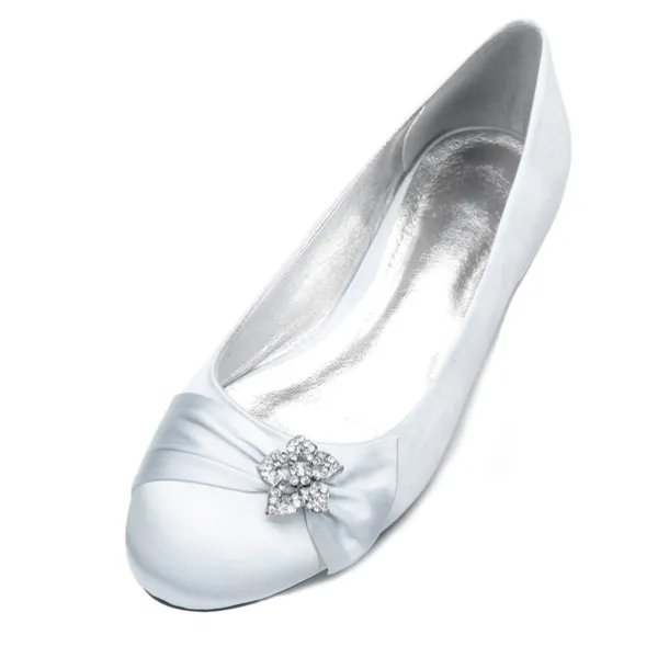 Women's Navy Satin Ballet Flats with Rhinestone Floral Embellishment - Elegant Wedding or Evening Shoes