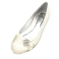 Women's Navy Satin Ballet Flats with Rhinestone Floral Embellishment - Elegant Wedding or Evening Shoes