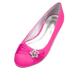 Women's Navy Satin Ballet Flats with Rhinestone Floral Embellishment - Elegant Wedding or Evening Shoes