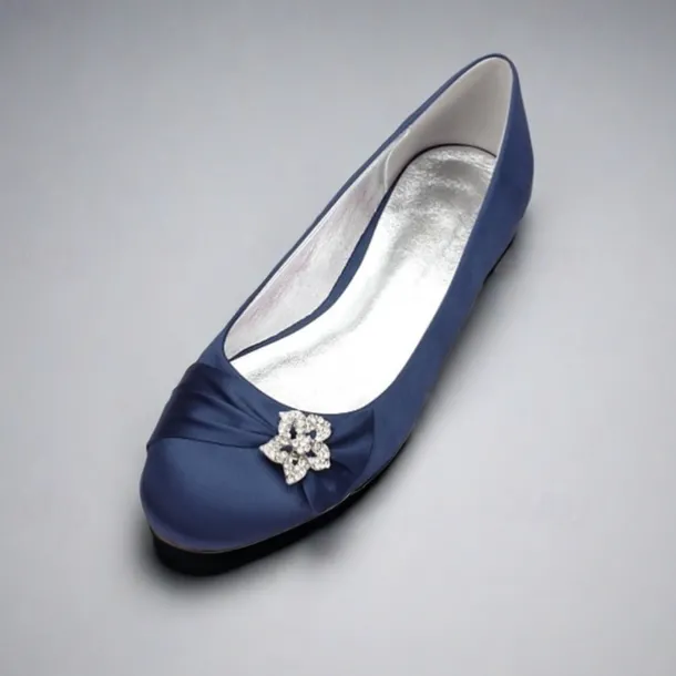 Women's Navy Satin Ballet Flats with Rhinestone Floral Embellishment - Elegant Wedding or Evening Shoes