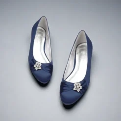 Women's Navy Satin Ballet Flats with Rhinestone Floral Embellishment - Elegant Wedding or Evening Shoes