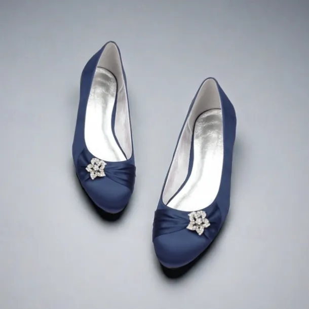 Women's Navy Satin Ballet Flats with Rhinestone Floral Embellishment - Elegant Wedding or Evening Shoes