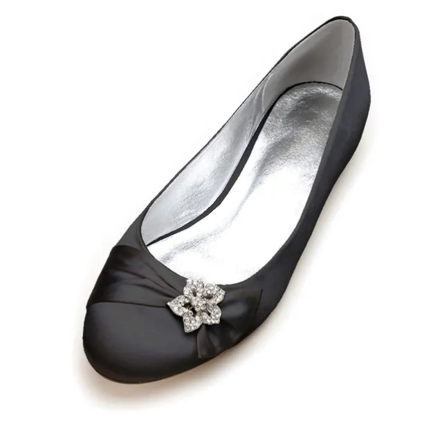Women's Navy Satin Ballet Flats with Rhinestone Floral Embellishment - Elegant Wedding or Evening Shoes
