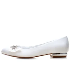 Women's Navy Satin Ballet Flats with Rhinestone Floral Embellishment - Elegant Wedding or Evening Shoes