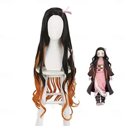 Women's Nezuko Cosplay Wig Long Black Gradient Orange Wave Hair Halloween Wigs