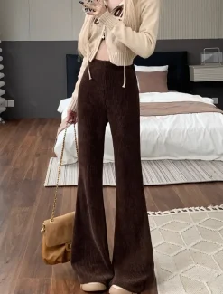 Women's Normal Bell Bottom Fashion Classic Style Full Length High Waist Solid Color Patchwork Comfy Breathability Micro-elastic Black Apricot Coffee Spring & Fall Regular Fit