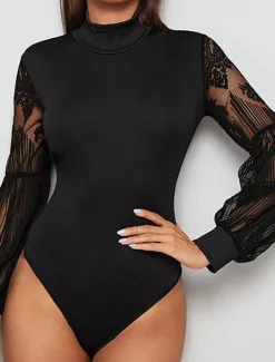 Women's Normal Bodysuit Elegant Solid Color Long Sleeve Lantern Sleeve Stand Collar Lace High Waist Work Street Regular Fit Black Fall