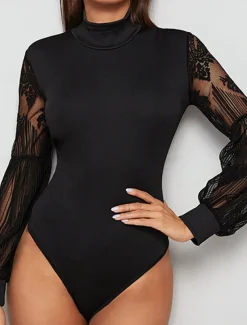 Women's Normal Bodysuit Elegant Solid Color Long Sleeve Lantern Sleeve Stand Collar Lace High Waist Work Street Regular Fit Black Fall