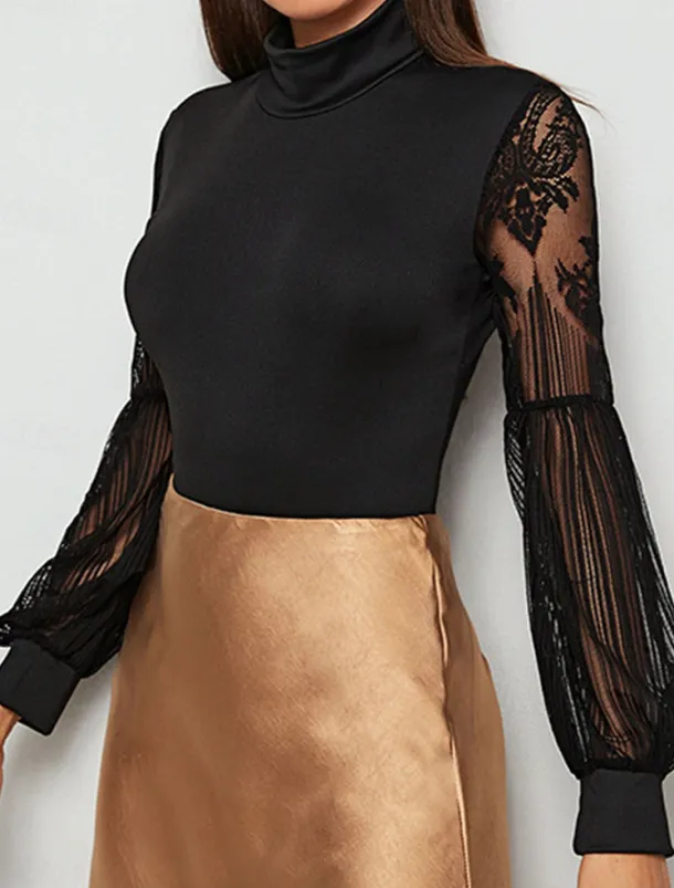Women's Normal Bodysuit Elegant Solid Color Long Sleeve Lantern Sleeve Stand Collar Lace High Waist Work Street Regular Fit Black Fall