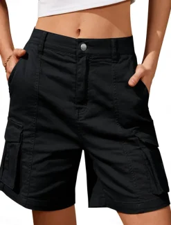 Women's Normal Cargo Shorts Casual Daily Knee Length Medium Waist Solid Color Multi Pocket Comfy Quick Dry Moisture Wicking Micro-elastic Outdoor Black White Gray Summer Regular Fit