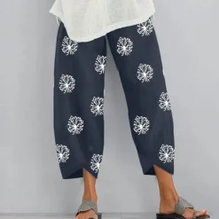 Women's Normal Cotton Linen Pants Chinos Slacks Basic Casual / Sporty Ankle-Length Mid Waist Graphic Prints Dandelion Pocket Baggy Print Comfort Inelastic Daily Weekend Gray Green Black Red Blue