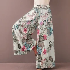 Women's Normal Culottes Wide Leg Wide Leg Pants Trousers Fashion Full Length Mid Waist Flower / Floral Side Pockets Baggy High Cut Comfort Inelastic Casual Weekend Yellow Red Deep Blue Summer Spring