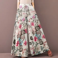 Women's Normal Culottes Wide Leg Wide Leg Pants Trousers Fashion Full Length Mid Waist Flower / Floral Side Pockets Baggy High Cut Comfort Inelastic Casual Weekend Yellow Red Deep Blue Summer Spring