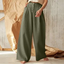 Women's Normal Culottes Wide Leg Wide Leg Cotton Linen Pants Fashion Full Length Mid Waist Plain Side Pockets Wide Leg Baggy Comfort Inelastic Casual Weekend Black Green Khaki Summer Spring & Fall