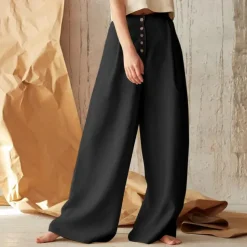 Women's Normal Culottes Wide Leg Wide Leg Cotton Linen Pants Fashion Full Length Mid Waist Plain Side Pockets Wide Leg Baggy Comfort Inelastic Casual Weekend Black Green Khaki Summer Spring & Fall