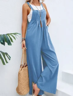 Women's Normal Dungarees Overall Streetwear Solid Color Sleeveless Square Neck Buttons Pocket Street Daily Regular Fit Black Pink Wine Summer