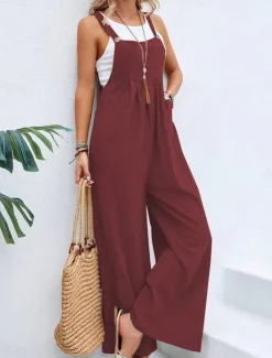 Women's Normal Dungarees Overall Streetwear Solid Color Sleeveless Square Neck Buttons Pocket Street Daily Regular Fit Black Pink Wine Summer