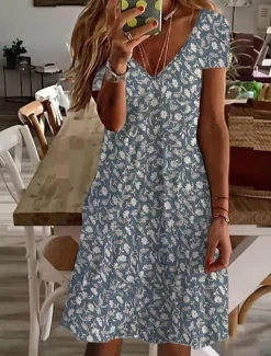 Women's Normal EU / US Size Mini Dress Long Sleeve Boho Dress Sundress Elegant Dress Elegant Bohemia Tropical Flutter Sleeve Party Casual Daily Form Fit Floral Short Sleeve V Neck Red Dusty Blue