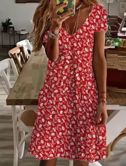 Women's Normal EU / US Size Mini Dress Long Sleeve Boho Dress Sundress Elegant Dress Elegant Bohemia Tropical Flutter Sleeve Party Casual Daily Form Fit Floral Short Sleeve V Neck Red Dusty Blue