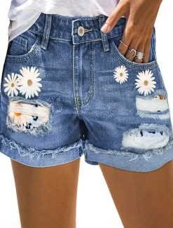 Women's Normal Jeans Streetwear Casual Daily Short Medium Waist Graphic Zipper Pocket Quick Dry Breathability Micro-elastic Outdoor Office / Career White Blue Summer Regular Fit