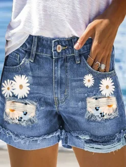 Women's Normal Jeans Streetwear Casual Daily Short Medium Waist Graphic Zipper Pocket Quick Dry Breathability Micro-elastic Outdoor Office / Career White Blue Summer Regular Fit