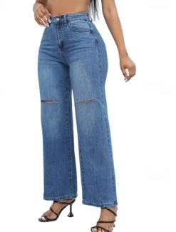 Women's Normal Jeans Streetwear Stylish Full Length High Waist Solid Color Pocket Comfy Breathability Soft Micro-elastic Street Daily Light Blue Dark Blue Spring & Fall Loose Fit