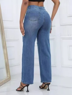 Women's Normal Jeans Streetwear Stylish Full Length High Waist Solid Color Pocket Comfy Breathability Soft Micro-elastic Street Daily Light Blue Dark Blue Spring & Fall Loose Fit