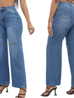 Women's Normal Jeans Streetwear Stylish Full Length High Waist Solid Color Pocket Comfy Breathability Soft Micro-elastic Street Daily Light Blue Dark Blue Spring & Fall Loose Fit