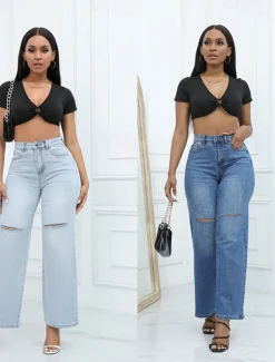 Women's Normal Jeans Streetwear Stylish Full Length High Waist Solid Color Pocket Comfy Breathability Soft Micro-elastic Street Daily Light Blue Dark Blue Spring & Fall Loose Fit