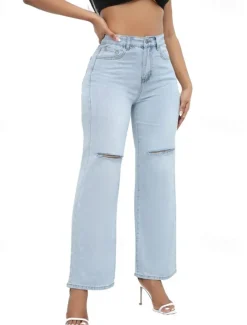 Women's Normal Jeans Streetwear Stylish Full Length High Waist Solid Color Pocket Comfy Breathability Soft Micro-elastic Street Daily Light Blue Dark Blue Spring & Fall Loose Fit