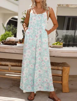 Women's Normal Jumpsuit Active Floral Sleeveless U Neck High Waist Vacation Daily Loose Fit Light Blue Summer