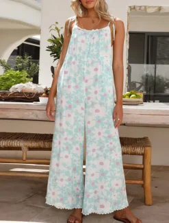 Women's Normal Jumpsuit Active Floral Sleeveless U Neck High Waist Vacation Daily Loose Fit Light Blue Summer