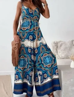 Women's Normal Jumpsuit Active Graphic Sleeveless Wide Leg V Neck High Waist Vacation Daily Regular Fit Navy Blue Blue Apricot Summer