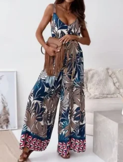 Women's Normal Jumpsuit Active Graphic Sleeveless Wide Leg V Neck High Waist Vacation Daily Regular Fit Navy Blue Blue Apricot Summer