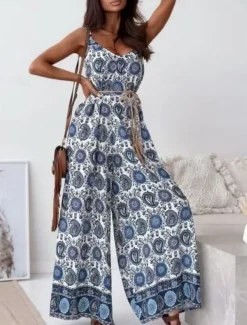 Women's Normal Jumpsuit Active Graphic Sleeveless Wide Leg V Neck High Waist Vacation Daily Regular Fit Navy Blue Blue Apricot Summer