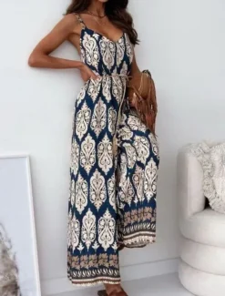 Women's Normal Jumpsuit Active Graphic Sleeveless Wide Leg V Neck High Waist Vacation Daily Regular Fit Navy Blue Blue Apricot Summer