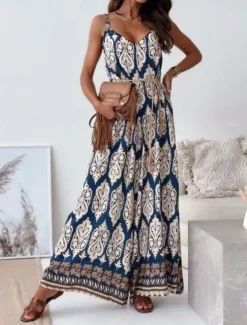 Women's Normal Jumpsuit Active Graphic Sleeveless Wide Leg V Neck High Waist Vacation Daily Regular Fit Navy Blue Blue Apricot Summer