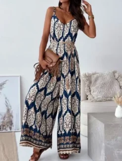 Women's Normal Jumpsuit Active Graphic Sleeveless Wide Leg V Neck High Waist Vacation Daily Regular Fit Navy Blue Blue Apricot Summer