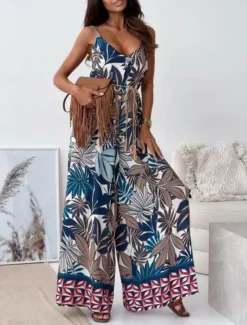 Women's Normal Jumpsuit Active Graphic Sleeveless Wide Leg V Neck High Waist Vacation Daily Regular Fit Navy Blue Blue Apricot Summer