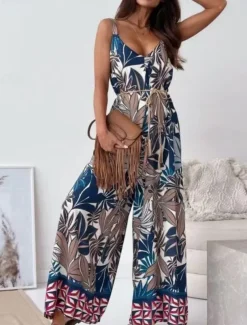Women's Normal Jumpsuit Active Graphic Sleeveless Wide Leg V Neck High Waist Vacation Daily Regular Fit Navy Blue Blue Apricot Summer