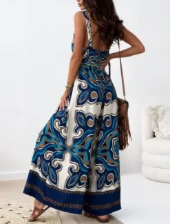 Women's Normal Jumpsuit Active Graphic Sleeveless Wide Leg V Neck High Waist Vacation Daily Regular Fit Navy Blue Blue Apricot Summer