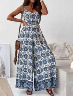 Women's Normal Jumpsuit Active Graphic Sleeveless Wide Leg V Neck High Waist Vacation Daily Regular Fit Navy Blue Blue Apricot Summer