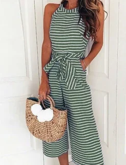 Women's Normal Jumpsuit Active Striped Sleeveless Halter Neck Pocket Print Vacation Daily Regular Fit Pink Blue Green Summer