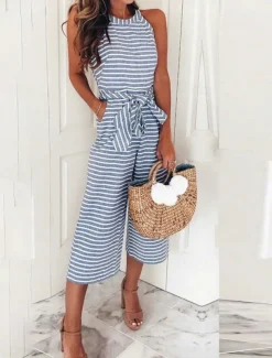 Women's Normal Jumpsuit Active Striped Sleeveless Halter Neck Pocket Print Vacation Daily Regular Fit Pink Blue Green Summer