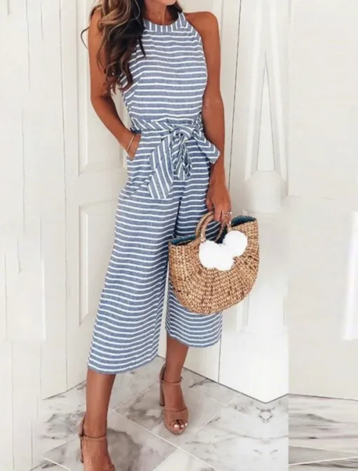 Women's Normal Jumpsuit Active Striped Sleeveless Halter Neck Pocket Print Vacation Daily Regular Fit Pink Blue Green Summer